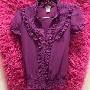 Purple Ruffle Puff Sleeve Chiffon Top
